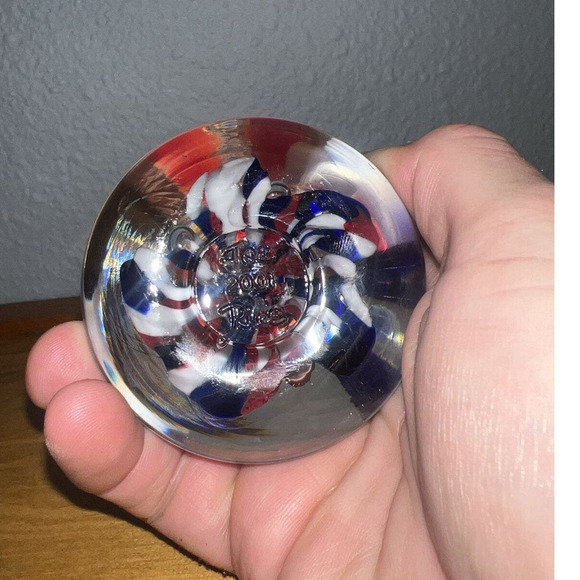 Joe Rice Signed  Red White Blue Flowers Bell Paperweight Art Glass - Picture 3 of 4